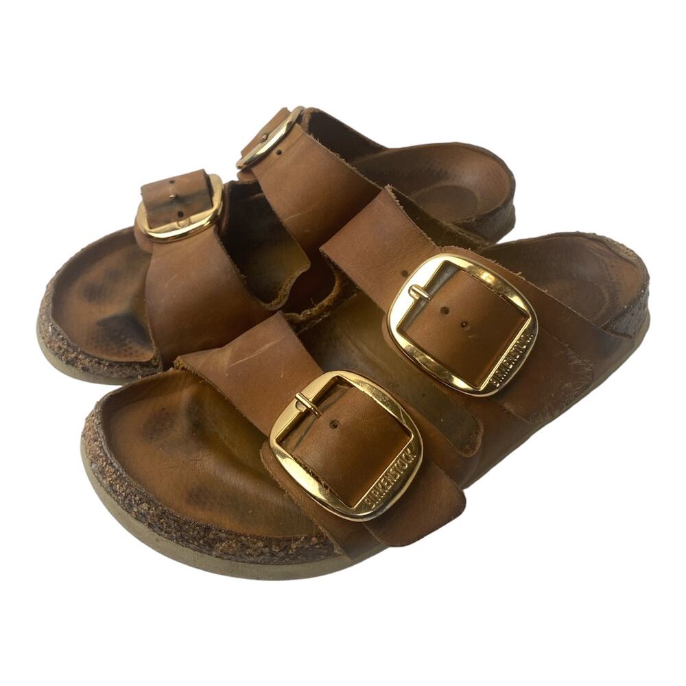 Birkenstock Arizona Big Buckle Women Cognac Oiled Leather Gold Sandal Size 37